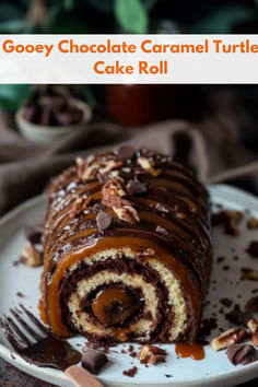 a chocolate caramel turtle cake roll on a plate