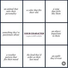 four squares that have different words on them, one with the word your character in it