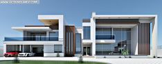 a modern house with two cars parked in front