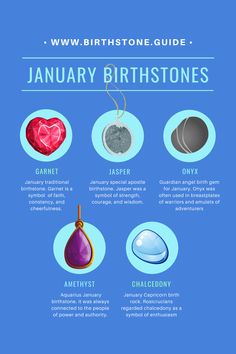 Major and alternative January birthstones are Garnet, Onyx and Jasper. In addition to that Amethyst, the Aquarius birth gem, and Chalcedony, a Capricorn birthstone, can be considered. All January birthstones make up a choice of at least 4 gems. Birthstone January, January Birthstone Characteristics, January Birthstone Traits, January Birthstone Meaning, January Gemstone, Birthstones By Month January, January Birthstone Symbolism, What Is The Birthstone For January, January Birthday Symbols