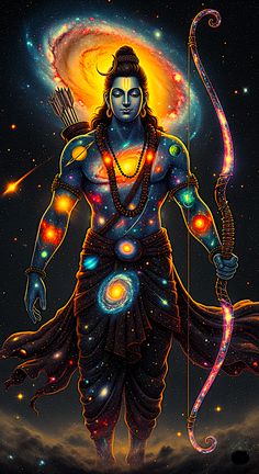 the god is standing in front of an orange and blue sky with stars on it