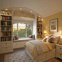 a bedroom with a bed, bookshelf and window seat in the corner between two windows