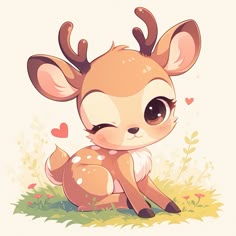 a cute little deer sitting in the grass with hearts around it's eyes and nose