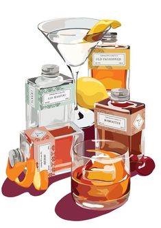 an illustration of various bottles and glasses with drinks in them next to each other on a white background