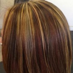 Gorgeous tricolor highlight lowlight, pieced haircolor!! Tri Color Highlights, Auburn Chunky Highlights, Brown Hair Red Chunky Highlights, Tiger Stripe Hair Highlights, Multi Colored Highlights And Lowlights, Chunky Copper Highlights On Brown Hair, Highlight Lowlight Combo, Stripey Highlights Hair, Auburn Hair With Chunky Blonde Highlights