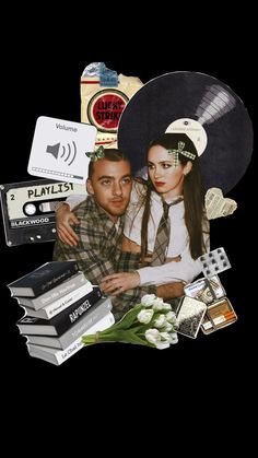 an image of a man and woman surrounded by various items from the same album, including a record