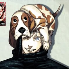 a man with a dog on his head in front of a comic book cover art