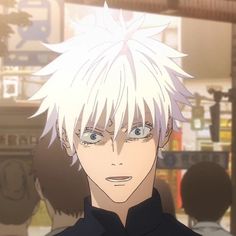 an anime character with white hair and blue eyes looks at the camera while standing in front of other characters