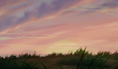 the sky is pink and purple with some green grass in front of it at sunset