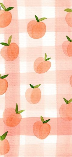 watercolor painting of peaches on a checkered tablecloth