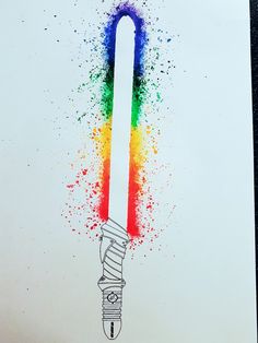 a drawing of a light saber with colored powder splatters on it