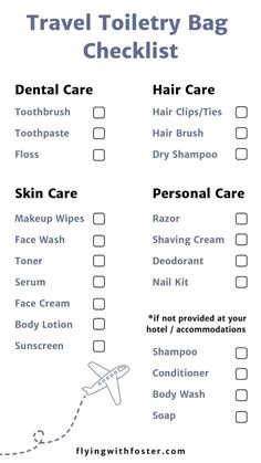 the travel toiletry bag checklist is shown in blue and white with an airplane on it