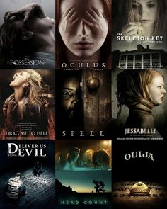 many different movie posters are shown in this image, including one with a woman's face and the other with a man's head