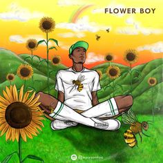 a man sitting in the middle of a field with sunflowers and bees around him