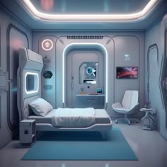 a futuristic hospital room with a bed and chair