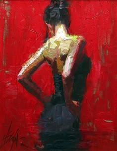 a painting of a woman in a black dress with her back turned to the camera