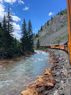 a train traveling down tracks next to a river and forest filled with pine covered trees