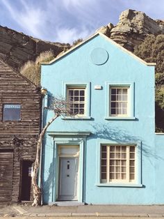 a blue house with a tree in front of it