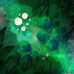 a painting of water lilies and white flowers in the middle of some green leaves