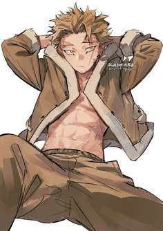 an anime character is sitting down with his hands on his head and one hand behind his head