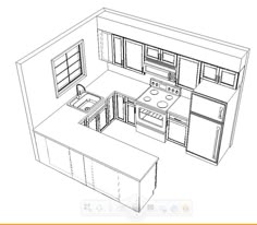 an outline drawing of a kitchen with sink, stove and refrigerator in it's center