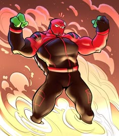 a drawing of a man in a red and black suit with his arms out,