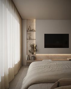 a bedroom with a large bed and a flat screen tv mounted on the wall above it