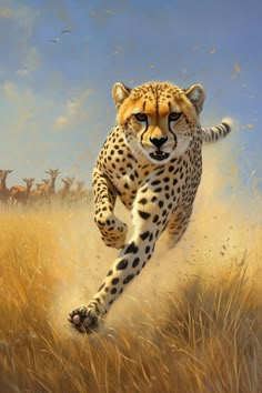 a painting of a cheetah running through the grass