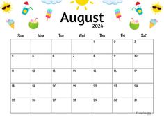 august calendar with the sun and clouds
