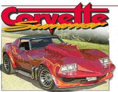 the car is painted red and orange with flames on it's hood, as well as words that read corvette summer