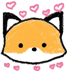 a drawing of a fox with hearts on it's head and eyes in the background