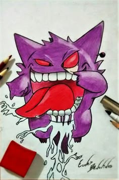 a drawing of a cartoon cat with its mouth open and tongue out, on top of a sheet of paper