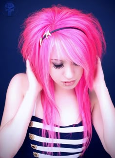 PINK HAIR it's brave and bold and SEXYY Pink Emo Hair, Bright Pink And Black Hair, Emo Pink Hair, Pink Scene Hair, Hot Pink Hair With Raccoon Tails, Pink And Black Scene Hair, Hot Pink Emo Hair, Blonde And Pink Scene Hair, Scene Haircuts