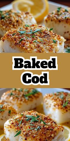 A plate of Boston baked cod with a golden breadcrumb topping, served with lemon wedges.