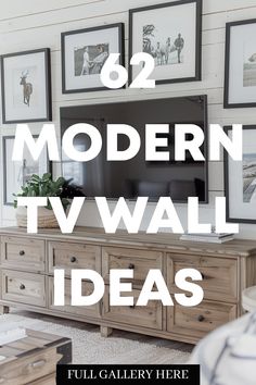 a living room with pictures on the wall above it and text overlay that reads, 52 modern tv wall ideas full gallery here