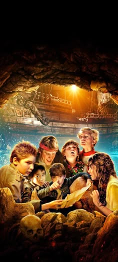 the goonies movie poster with many kids in front of an underwater cave, looking at something