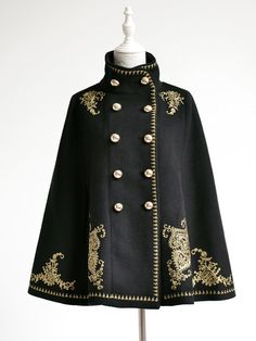 Fitted Stand Collar Outerwear With Intricate Embroidery, Embroidery Cloak, Cloak With Embroidery, Luxury Embroidered Outerwear With Stand Collar, Black Embroidered Coat Design, Elegant Fall Outerwear With Gold Embroidery, Elegant Long Sleeve Outerwear With Gold Embroidery, Black And Gold Cape, Gucci Embroidered Cape Coat