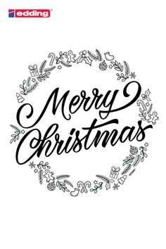 merry christmas lettering in black and white with an ornate wreath around the words on it