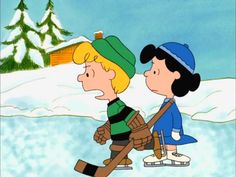charlie brown and his friend skiing in the snow with christmas trees behind him, as if they were talking to each other