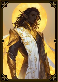 an image of a woman with long hair and armor standing in front of a full moon