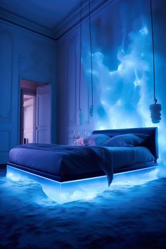 This ethereal neon bedroom features floating furniture and cloud-like neon blue lights, creating a dreamy atmosphere. The minimalist furniture is complemented by soft, flowing fabrics.