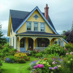 a yellow house with blue roof and flowers in the front yard on a cloudy day