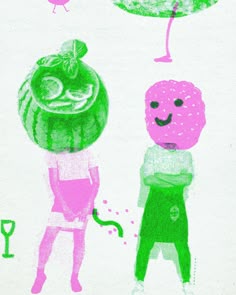 a drawing of two people with an umbrella and a watermelon in the background
