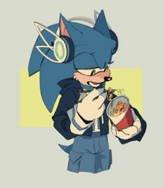 sonic the hedgehog eating cereal and listening to music on his headphones while holding a drink