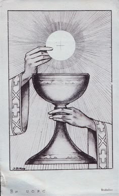 a drawing of a person holding a cup in front of the sun with their hands