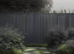an artistic rendering of a garden with grass and stepping stones in front of a fence