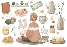 a woman sitting on top of a rug next to lots of different things in front of her