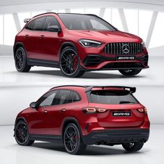 the front and back view of a red mercedes suv