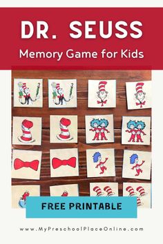dr seuss memory game for kids with free printables on the front and back