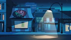 an animated city street scene at night with the lights on and buildings lit up in the background